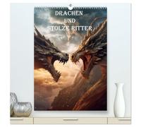Drachen und stolze Ritter (hochwertiger Premium Wandkalender 2026 DIN A2 hoch), Kunstdruck in Hochglanz: Drachenkrieger im Mittelalter