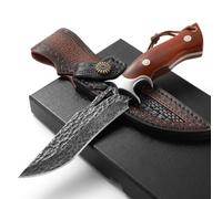 DRACHENADER coltello da caccia outdoor damasco manico in legno con fodero in vera pelle, forgiato a mano in vero acciaio damasco manico fisso in legno