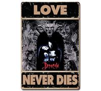 Dracula - Targa in latta con scritta in inglese "Love Never Dies - Classic Movie Quotes" in metallo con scritta "Bram Stoker" "Dracula" degli anni '90, per l'home cinema, pub, bar, sala garage, 20 x 30 cm