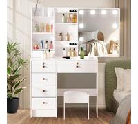 Dradaomull Toeletta da Trucco con Specchio e Luci, Luminosità Regolabile, Tavolo Trucco con Sgabello, Design Moderno con 6 Cassetti e 6 Ripiani, Bianco 80x36x131cm 61DEA5