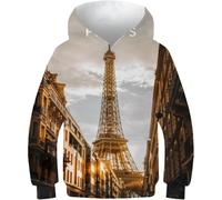 Drago Acquerello Manica Lunga Bambini Stampa 3D Ragazzi Felpa Moda Casual Felpa con Cappuccio Bambini Felpe con Cappuccio Autunno Pullover, Black-The Eiffel Tower.webp, 7-9 Years