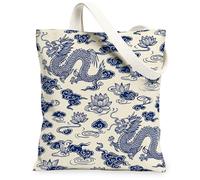 Drago Canvas Tote Bag per le donne, Orientale Tradizionale Ninfea Nuvole Nessuno Navy Lavabile Riutilizzabile Shopping Bags Ideas Fo, Navy, 13x15 Inch