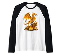 Drago di Fuoco Dorato Fantasy Creatura Mitica Arte Montagna Maglia con Maniche Raglan