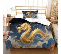 Drago Dorato | Presagio di Fortuna Set Di Lenzuola Microfibra Stampa, Copriletto Exclusive + Fodere Cuscini, Cerniera Nascosta, Facile Curare Per Casa Single(135x200cm)