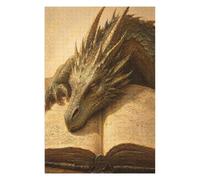 Drago d'oro che dorme sul libro Puzzle 1000 Pezzi in Legno, Gioco Mentale | Tomo antico, Creatura fantastica, Illustrazione di fantasia, Surrealismo, Struttura in Legno, Sfida Puzzle, Gioco Mentale