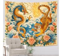 drago e tigre arazzo vintage chinoiserie floreale fuoco oceano onda asiatica oro poliestere rivestimento murale sfondo per camera da letto soggiorno accessori soffitto orizzontale arazzo 152 x 127 cm