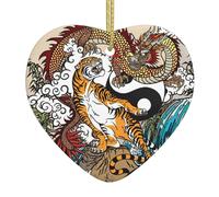 Drago e Tigre Bianco Ceramica Appeso Cuore Decorazione Albero di Natale Porcellana Ornamenti