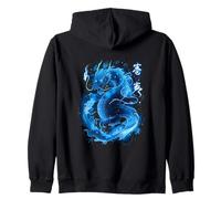 Drago giapponese con kanji in blu che ricorda un mare di Felpa con Cappuccio