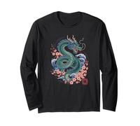 Drago Giapponese Giappone Kanji Fiori Di Ciliegio Onde Drago Maglia a Manica