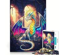 Drago in vetrata artistica in un arco di pietra - Puzzle per adulti da 1000 pezzi - Gioco stimolante per la mente - Calma la mente - Opera d'arte da collezione 50x75cm