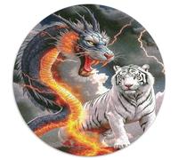 Drago Orientale e Tigre Bianca Puzzle 1000 Pezzi Rotondo Carta Puzzle per Adulti Ambientazione Tempestosa Fantastica