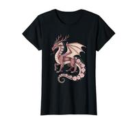 Drago rosa con corna fantasia mistica ali floreali rosa Maglietta