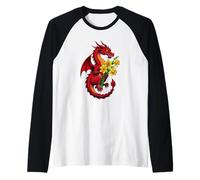 Drago Rosso Che Tiene Un Bouquet di Narcisi 2 Maglia con Maniche Raglan