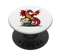 Drago rosso tra i fiori di narciso PopSockets PopGrip Adesivo