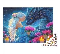 Dragon And Lady Adult Puzzle for Decompression: Girl And Blue Dragon with Flowers Educational Game Challenge 1000 Piece 52x38cm/1000pcs