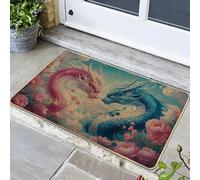 Dragon Art Zerbino con draghi pesca e blu, per ingresso esterno e interno, decorazione stagionale, in gomma impermeabile, antiscivolo, assorbe la polvere, facile da pulire, 73,6