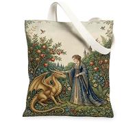Dragon Canvas Tote Bag per le donne, fantasioso Lady Castle Spring Green lavabile riutilizzabile borse della spesa idee per la famiglia, Verde, 13x15 Inch