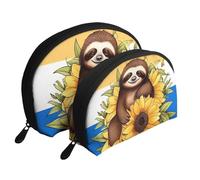 Dragon Cute Portable Shell Cosmetic Bag Set - Travel Makeup Organizer con cerniera e scomparti interni, Cartone animato bradipo seduto sul girasole, Taglia unica