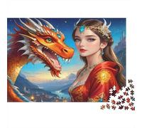 Dragon Queen Fantasy Adult Jigsaw Puzzle: Red Dragon with Red-clad Woman Educational Game Decompression for Adults Teens & Home Decor 38x26cm/1000pcs