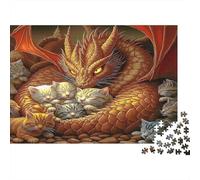 Dragon with Kittens Jigsaw Puzzle Educational Game: Golden Eastern Dragon on Rocks for Adults Teens Age 12 Years Up 70x50cm/1000pcs