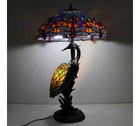 Dragonfly Lamp Stained Glass Table Lamp Desk Light with 18 inch Wide Handmade Shade And Crane Lighted Base for Living Room Bedroom Bedside Home Office Decoration, 18" W X 30" H,Blue