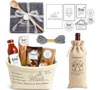 DRAKEWOOD Set regalo per l'inaugurazione della casa, cestino con borsa per il pane, strofinaccio, sacchetto per vino e cucchiaio da cucina, regalo per l'inaugurazione della casa, personalizzabile, per