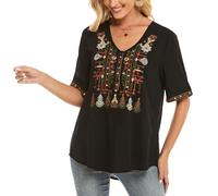 drakloak Boho Ricamo Camicetta Hippie Abbigliamento Donne Bohemian Folklore Ricamo Camicetta Manica Corta Collo a V Tunica Estate Casual Top(320 Nero L)