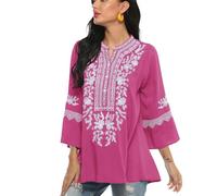 drakloak Camicetta estiva da donna boho ricamo messicano top con scollo a V maglietta manica corta boho tunica folklore hippie camicette, 200-rosa, M