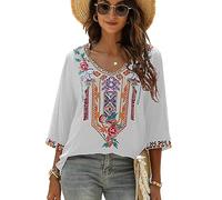 drakloak Camicetta Ricamo Donne Boho Top Ricamato Tunica Folklore Hippie Camicette Fiore Modello Top Manica Corta Loose Tops(328 WT S)