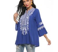 drakloak Donne Camicetta Estiva Boho Ricamo Messicano Tops Camicia a Maniche Corte Boho Tunica Folklore Hippie Camicette(200 Blu 3XL)