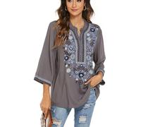 drakloak Donne Camicetta Estiva Boho Ricamo Messicano Tops Camicia a Maniche Corte Boho Tunica Folklore Hippie Camicette(372 Grigio 3XL)