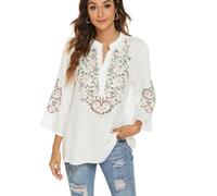 drakloak Donne Camicetta Estiva Boho Ricamo Messicano Tops Camicia a Maniche Corte Boho Tunica Folklore Hippie Camicette(380 Bianco XL)
