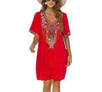 drakloak Vestito Bohemian del Ricamo delle Donne Boho Messicano Contadino Abito Scollo a V Abito di Vacanza Hippie Bohemian Abiti Manica Corta Abito Casual con Fiori Ricamati（446 Rosso 2XL）
