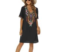 drakloak Vestito Bohemian del Ricamo delle Donne Boho Messicano Contadino Abito Scollo a V Abito di Vacanza Hippie Bohemian Abiti Manica Corta Abito Casual con Fiori Ricamati（446 Nero S）