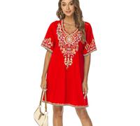drakloak Vestito Bohemian del Ricamo delle Donne Boho Messicano Contadino Abito Scollo a V Abito di Vacanza Hippie Bohemian Abiti Manica Corta Abito Casual con Fiori Ricamati（445 Rosso M）