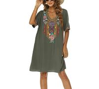 drakloak Vestito Bohemian del Ricamo delle Donne Boho Messicano Contadino Abito Scollo a V Abito di Vacanza Hippie Bohemian Abiti Manica Corta Abito Casual con Fiori Ricamati（446 Verde M）