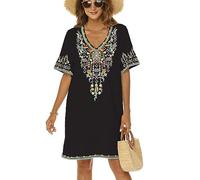 drakloak Vestito Bohemian del Ricamo delle Donne Boho Messicano Contadino Abito Scollo a V Abito di Vacanza Hippie Bohemian Abiti Manica Corta Abito Casual con Fiori Ricamati（445 Nero M）