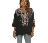 Draklook Bohemian Ricamo Camicette Mexican Farmer Style Bohemian 3/4 Maniche Camicia Hippie Fiore Modello Top Folklore Camicette Estate (438 BK S)