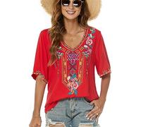 Draklook Donne Camicetta da Ricamo Bohemian Autunno Tunica Ricamo Folklore Tops Camicia Scollo a V Estate Tunica Camicette Boho Hippie Manica Corta Loose Top（443 Rosso S）