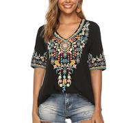 Draklook Donne Camicetta da Ricamo Bohemian Autunno Tunica Ricamo Folklore Tops Camicia Scollo a V Estate Tunica Camicette Boho Hippie Manica Corta Loose Top（442 Nero XL）