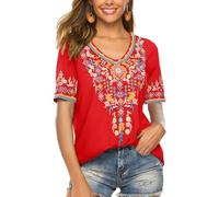 Draklook Donne Camicetta da Ricamo Bohemian Autunno Tunica Ricamo Folklore Tops Camicia Scollo a V Estate Tunica Camicette Boho Hippie Manica Corta Loose Top（442 Rosso L）