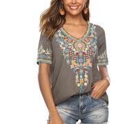 Draklook Donne Camicetta da Ricamo Bohemian Autunno Tunica Ricamo Folklore Tops Camicia Scollo a V Estate Tunica Camicette Boho Hippie Manica Corta Loose Top（442 Grigio L）