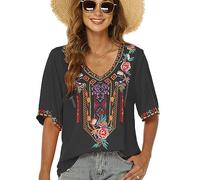 Draklook Donne Camicetta da Ricamo Bohemian Autunno Tunica Ricamo Folklore Tops Camicia Scollo a V Estate Tunica Camicette Boho Hippie Manica Corta Loose Top（443 Nero 3XL）