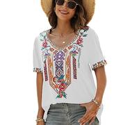 Draklook Donne Camicetta da Ricamo Bohemian Autunno Tunica Ricamo Folklore Tops Camicia Scollo a V Estate Tunica Camicette Boho Hippie Manica Corta Loose Top（443 Bianco S）