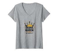 Drama Queen But Worth It Crown Funny Sassy Citazione Maglietta con Collo a V, Donna, Grigio Melange, S