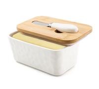 DRAONGYE Large Butter Dish with Lid, Countertop Ceramic Butter Container with Knife Holder Spreader Double Silicone Seals Stone Pattern Rectangle (1 Pack/White)