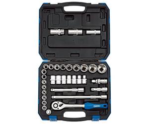 Draper 16363 - Set di chiavi a bussola MM/AF da 1/2", utensile manuale reversibile micrometro, cricchetto con impugnatura morbida, 17 bussole metriche, strumenti meccanici, auto, 7 prese imperiali, 3