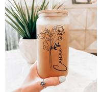 Drawelry Bicchieri di vetro personalizzati con coperchio e cannuccia, nome testi compleanno fiori incisi 500ml bicchieri da cocktail, caffè ghiacciato, whisky, caffè ghiacciato, bibite e succhi regalo