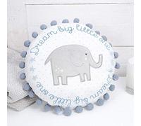 "Dream Big Little One" - Cuscino rotondo con pompon, motivo: elefante, colore: Blu