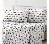 dream FACTORY Set di lenzuola per bambini, in microfibra, leggere, super morbide, facili da lavare, comode, con tasca da 25,4 cm, per letto matrimoniale, camion, trattori, auto blu